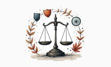 A balanced scale of justice surrounded by symbols representing the key qualities of a criminal defense lawyer