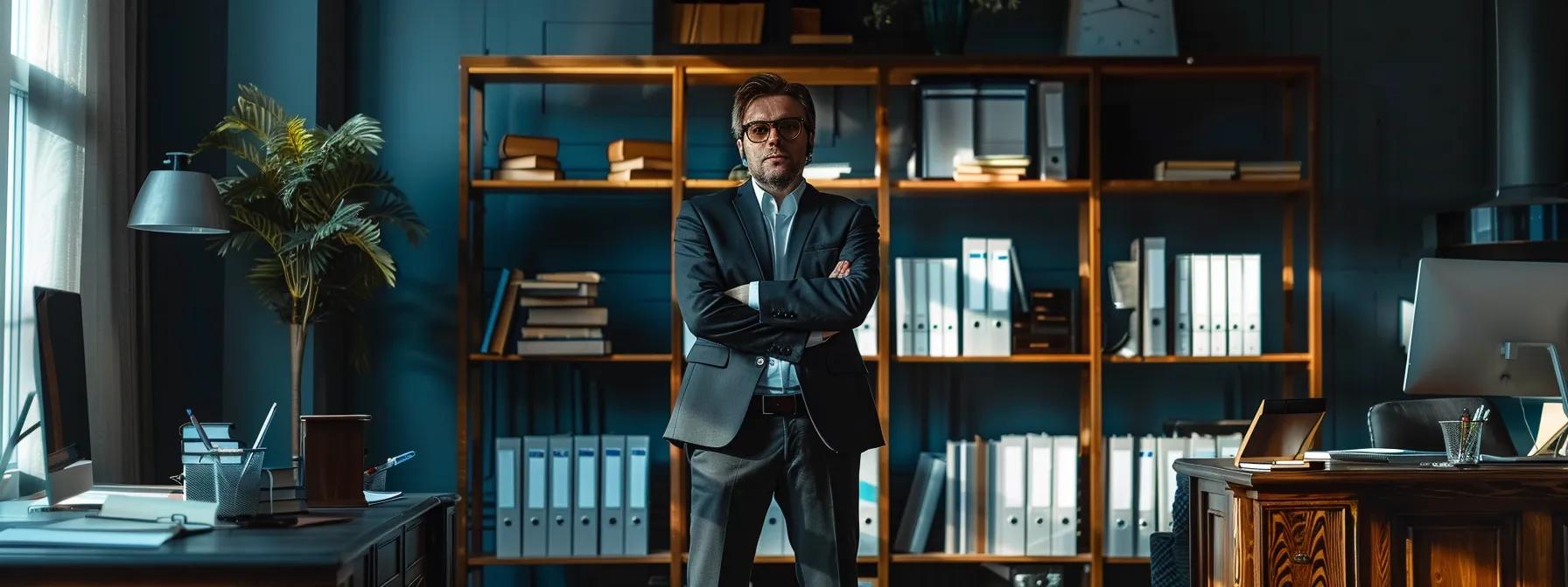 a determined attorney stands confidently in a modern, sleek office, surrounded by legal books and documents, as they prepare to defend a client against complex drug crime charges.