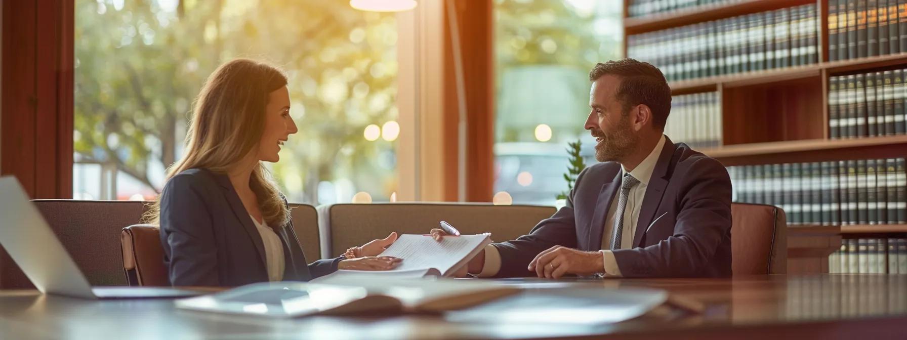 a focused and intense legal consultation takes place in a sleek modern office, where a determined defense attorney passionately discusses trial strategies with a concerned client, surrounded by legal books and documents that symbolize the fight for justice.