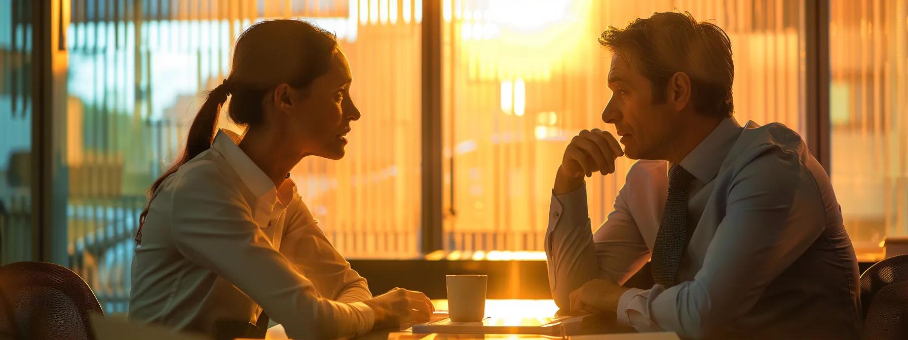 a focused consultation scene inside a modern office, featuring a defense attorney engaging thoughtfully with a client, illuminated by warm, professional lighting that highlights their serious yet supportive conversation about starting a criminal defense case.