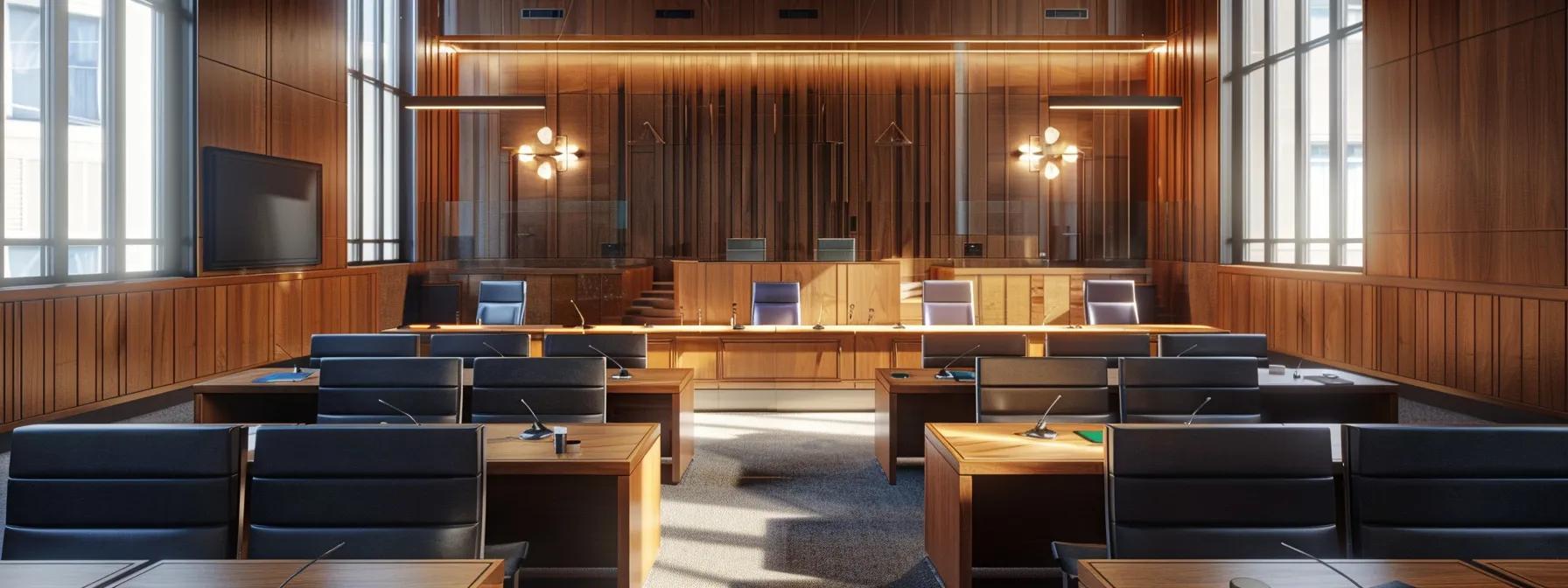 a sleek, modern courtroom setting features a focused attorney confidently presenting a case to a jury, with legal documents and evidence displayed prominently, symbolizing the complexity of theft defense in ocala.